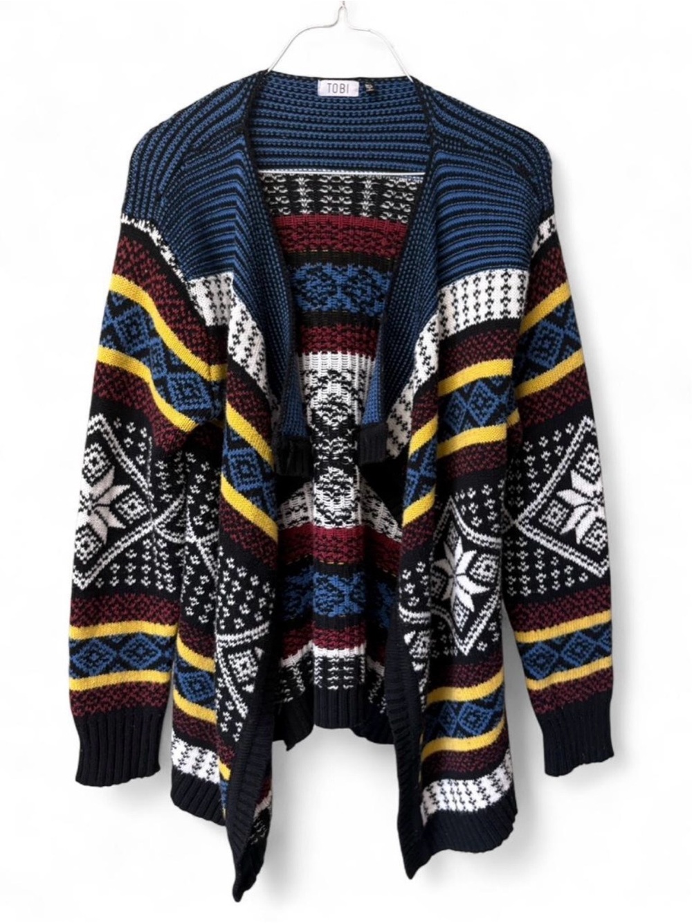 Tobi Fair Isle Open Front Waterfall Cardigan Sweater Boho Nordic Knit M/L‎ Cabin